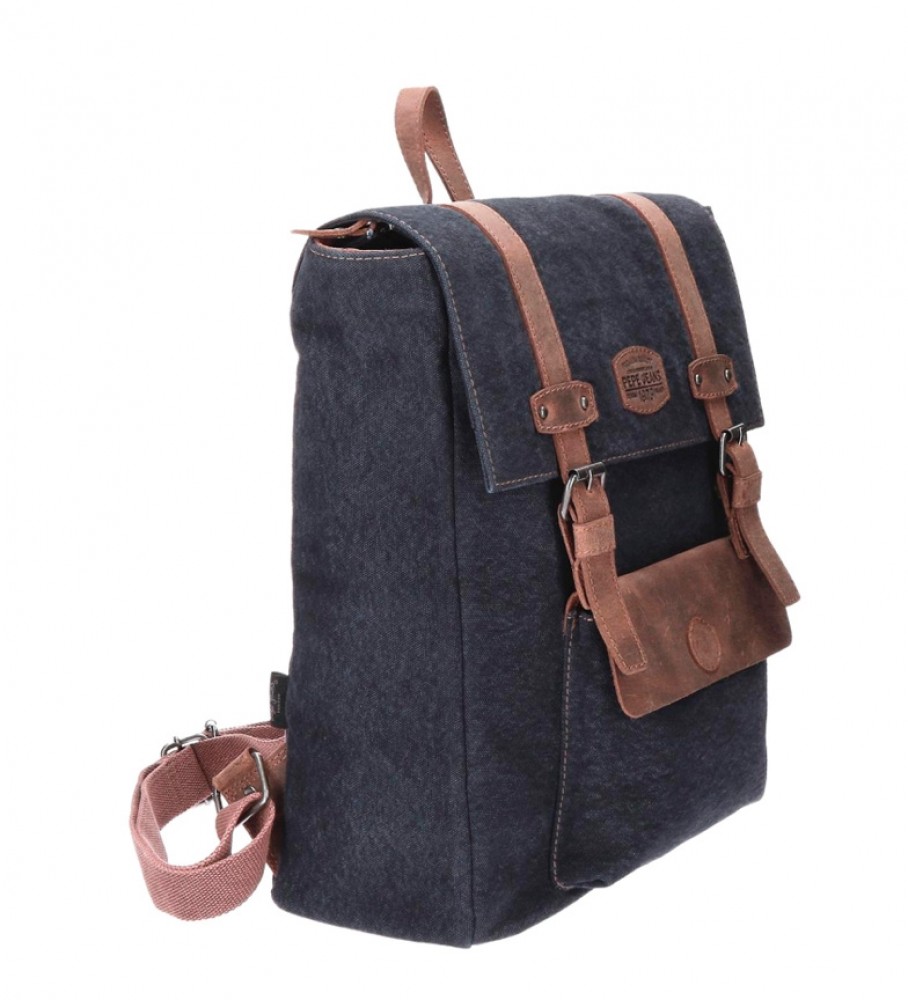 Mochila casual Pepe Jeans Horse, modelo quadrado para laptop com detalhes em couro azul-marinho.