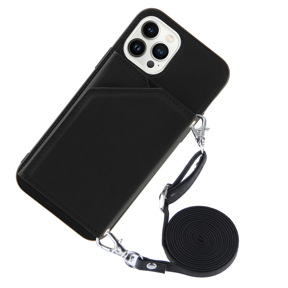 iPhone 15 Pro Max Necklace Leder Schutz Hülle mit Kartenfächer   Handykette (150cm) - Schwarz