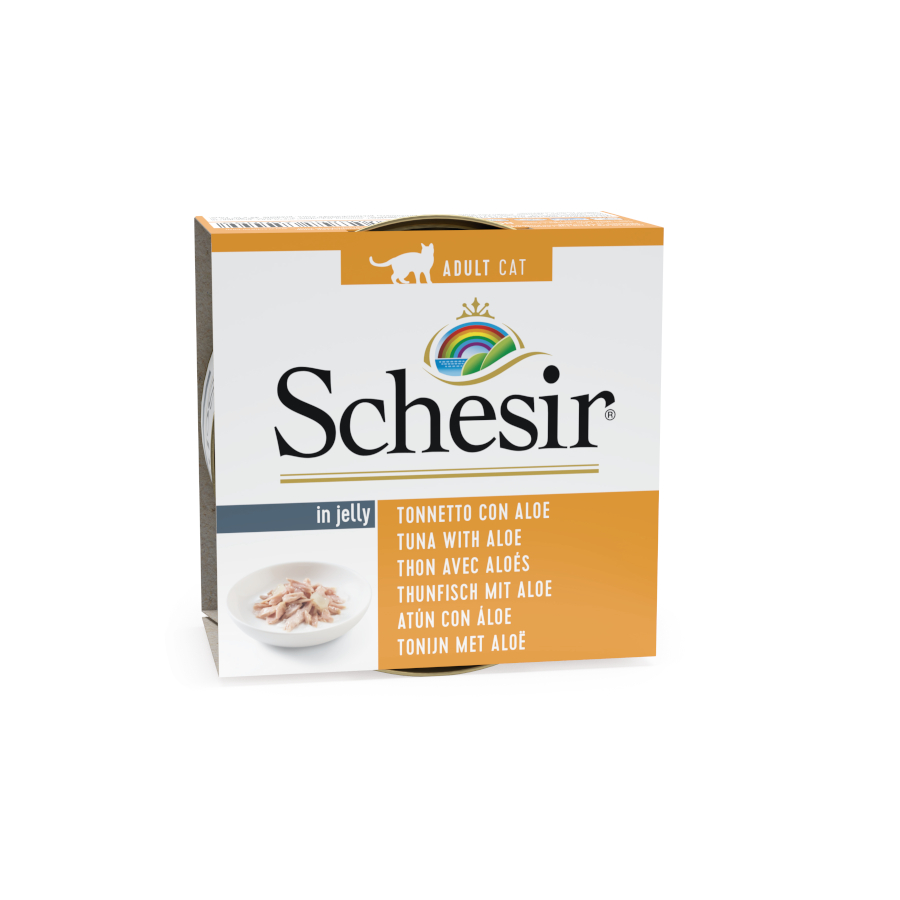 Atum Schesir Adult com aloe vera em lata, 85 g, para gatos.
