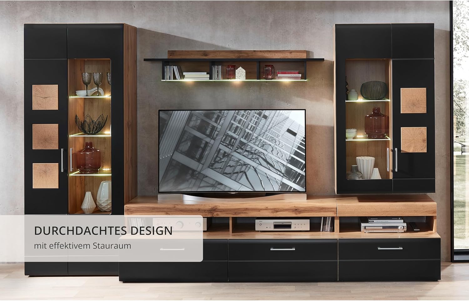 Stella Trading SONATE Wohnwand Komplett-Set in Eiche Altholz Optik, Schwarz - Moderne Schrankwand mit LED-Beleuchtung für Ihr Wohnzimmer - 330 x 208 x 52 cm (B/H/T)