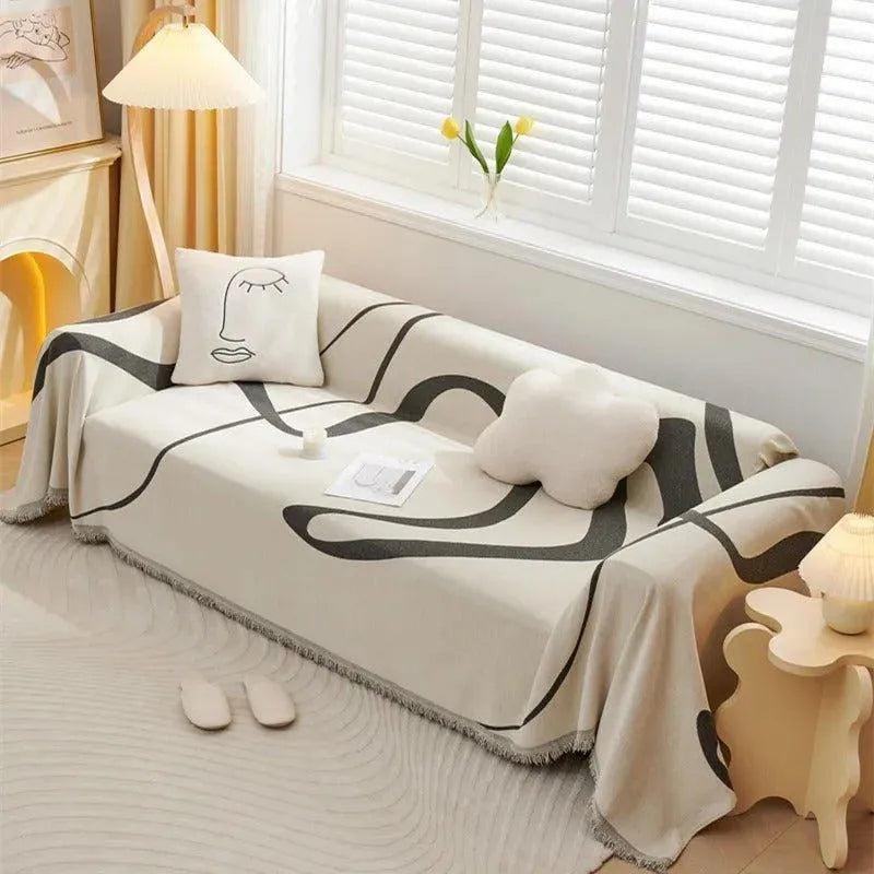 4 Chenille Line Pattern Throw Blanket with Tassel | Simple Nordic Jacquard Reversible Double Sided Sofa Cover