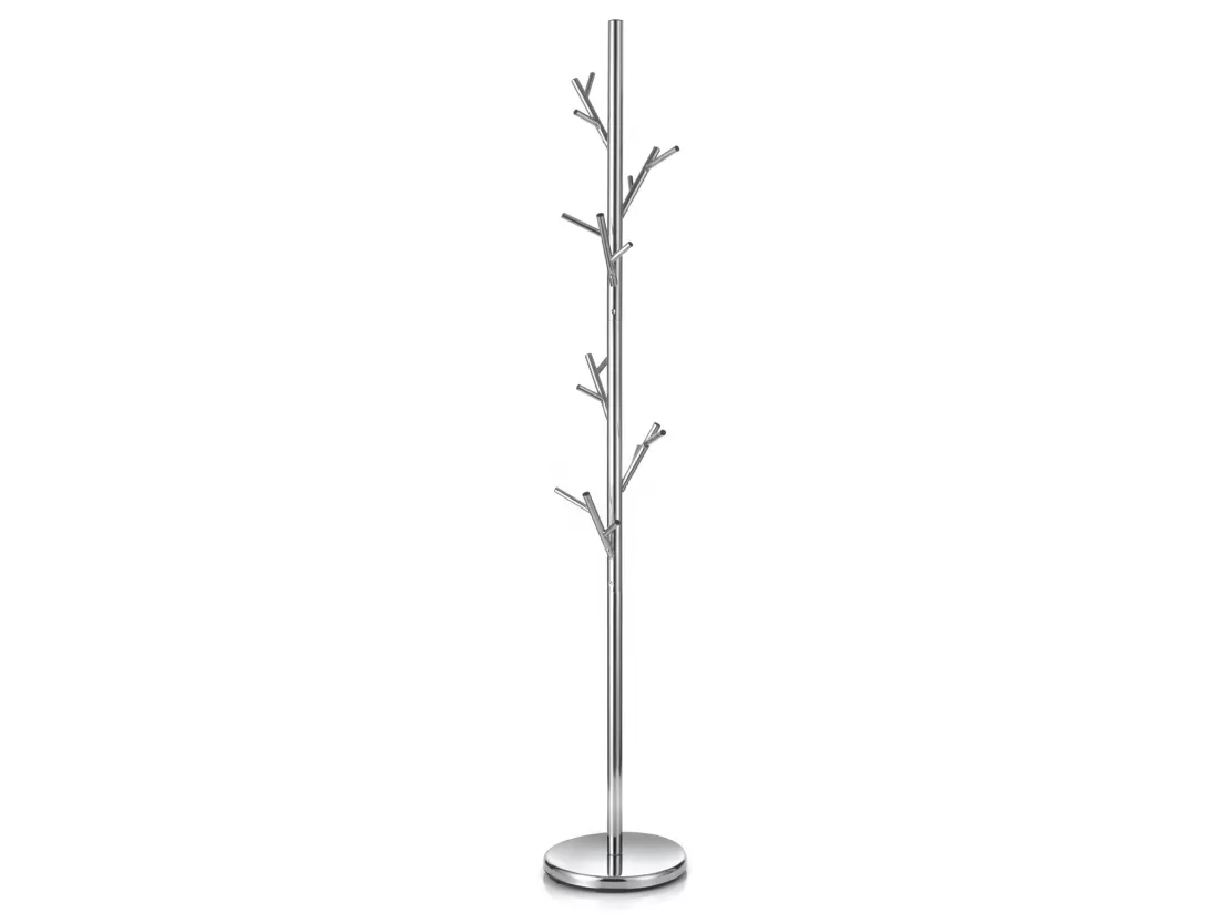 Porte-manteaux ZENO portant à vêtements sur pied en forme d'arbre avec 6 crochets sur différentes hauteurs, en métal chromé