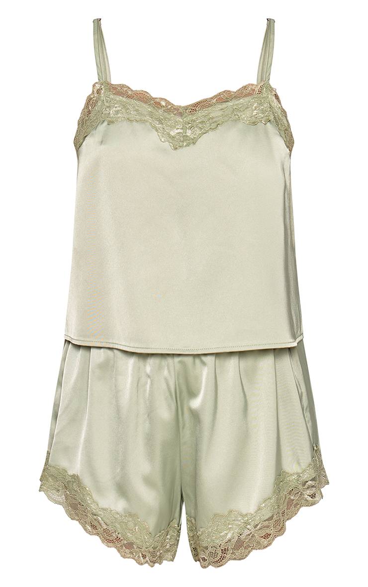 Vert Sauge Ensemble Pyjama Caraco Et Short En Satin Avec Détails En Dentelle
