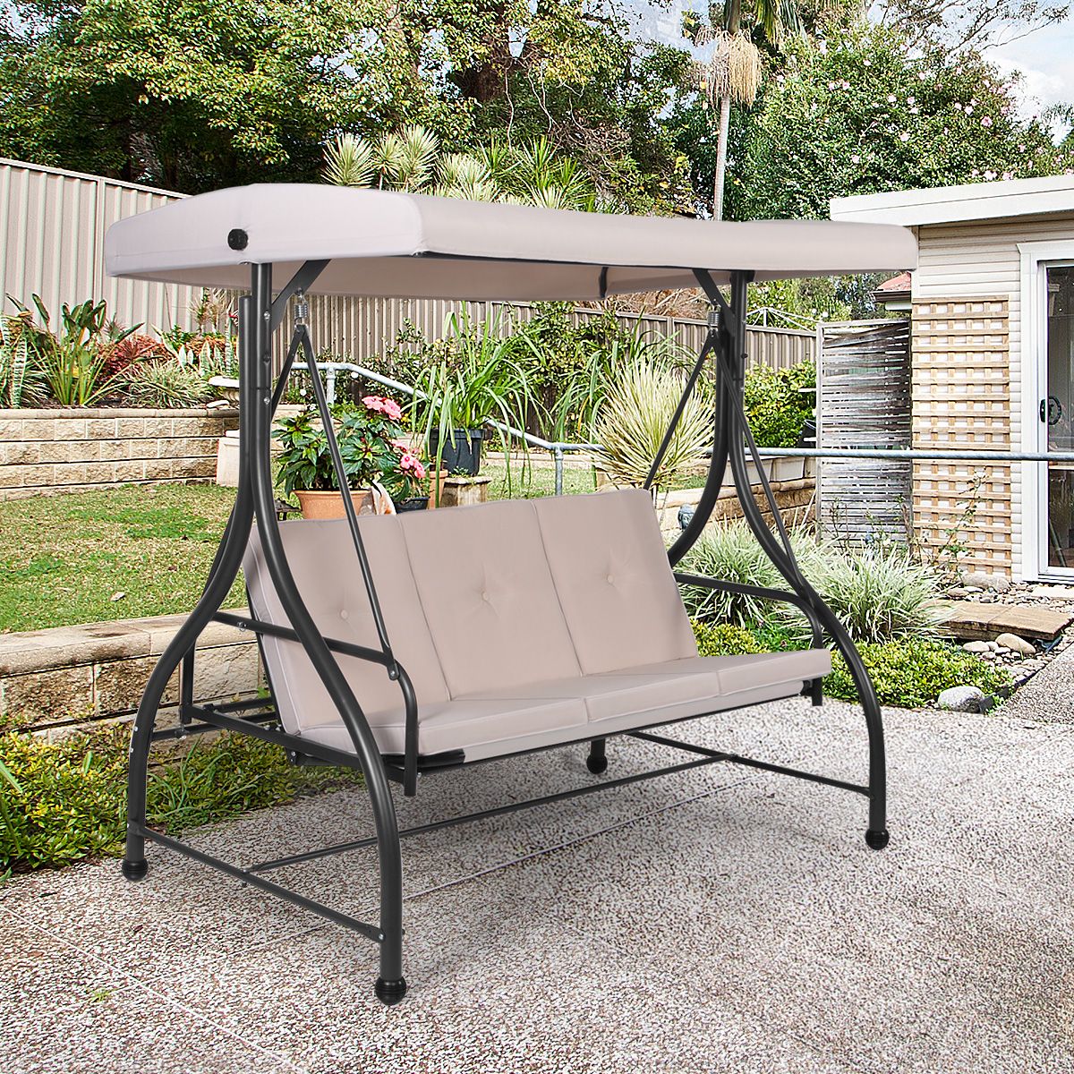 Balancelle d'Extérieur Convertible Jardin Porche Avec Sièges à Coussins Auvent Réglable et Cadre en Métal Enduit Hamac 3 Places Beige - Lidl-Manfred