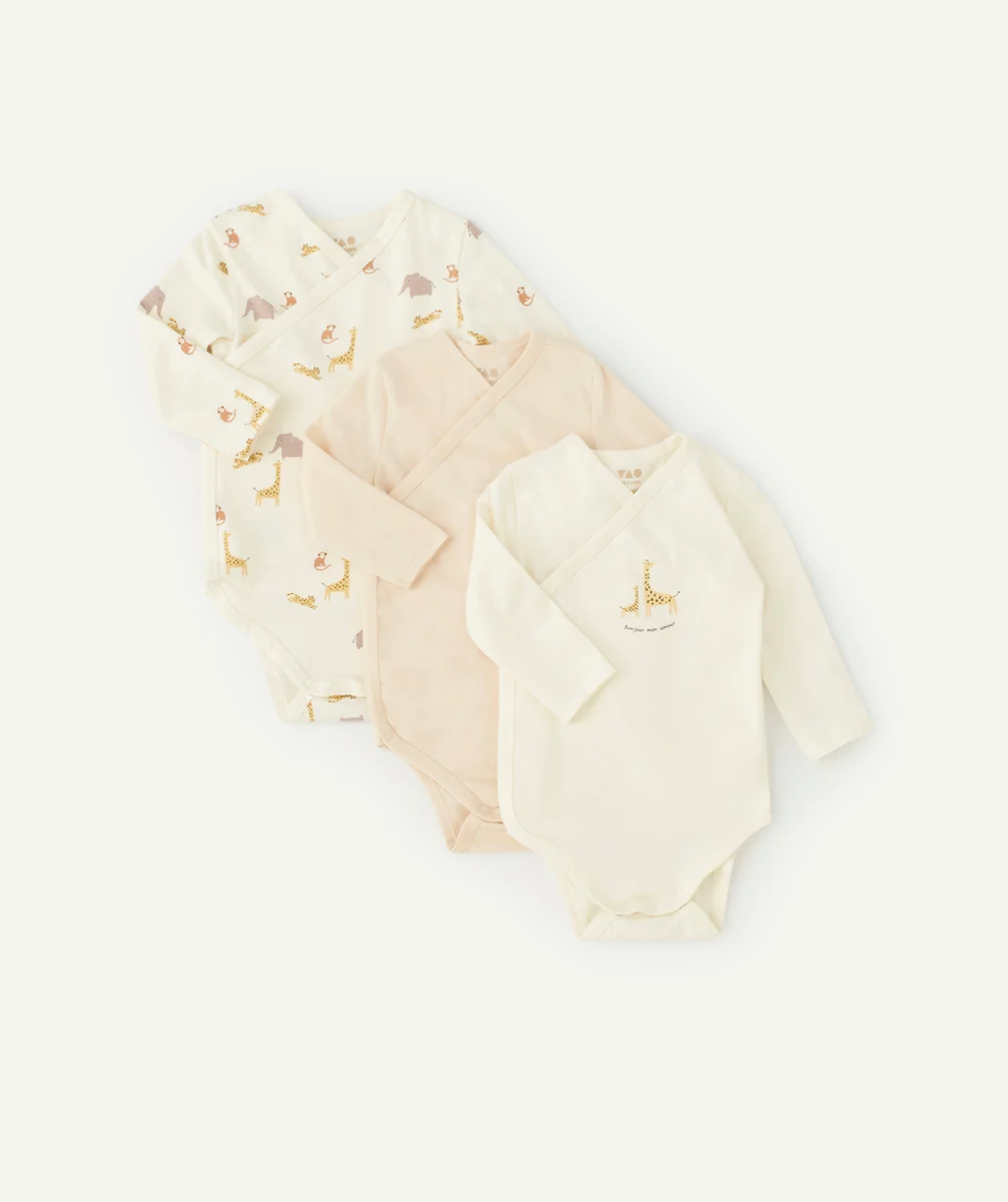 LOT DE 3 BODIES BÉBÉ ÉCRU ET BEIGE THÈME ANIMAUX DE LA SAVANE