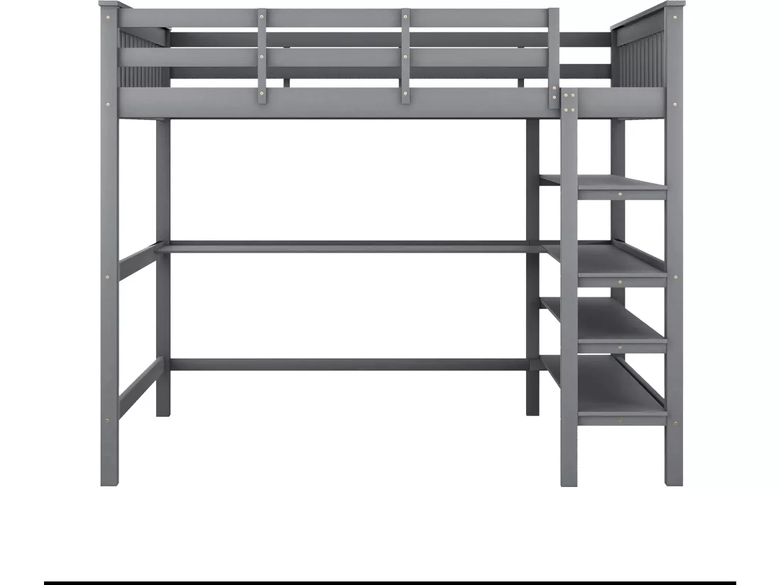Lit mezzanine 140 x 200 cm - bureau + étagères de rangement - pin et MDF - gris