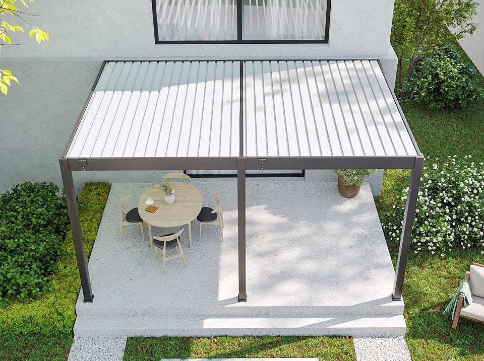 Pergola bioclimatique 3,6 x 5,3m - halo 19m² adossee - gris - aluminium - lames en acier galvanisé - lames orientables de 0 à 120°