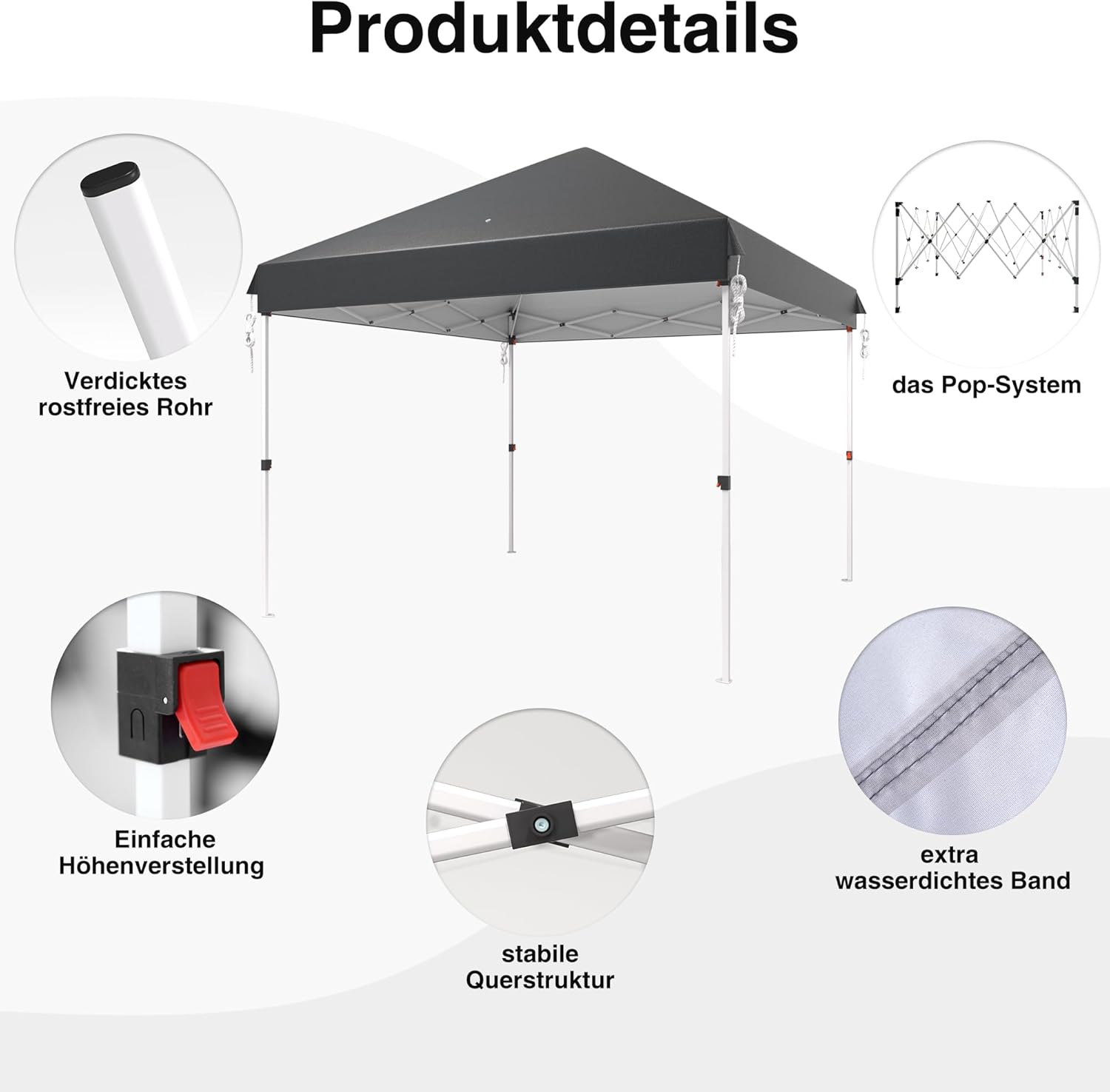 Pop up Pavillon 3x3 Wasserdicht Stabil Winterfest, Faltpavillon mit Gewichte, Pavillon Faltbar Höhenverstellbar mit Tasche mit Rollen, Partyzelt UV Schutz 50+, Gartenzelt, Dunkelgrau