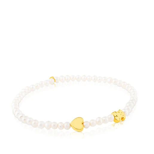 Pulseira Sweet Dolls XXS em ouro e pérolas cultivadas com motivos de urso e coração.