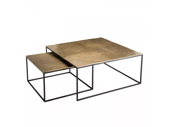 JONAS - Set de 2 tables gigognes carrées aluminium doré - pieds métal noir