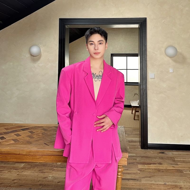 Adotuastic - Set: Blazer met reverskraag, split en knoopjes + effen pantalon met middelhoge taille