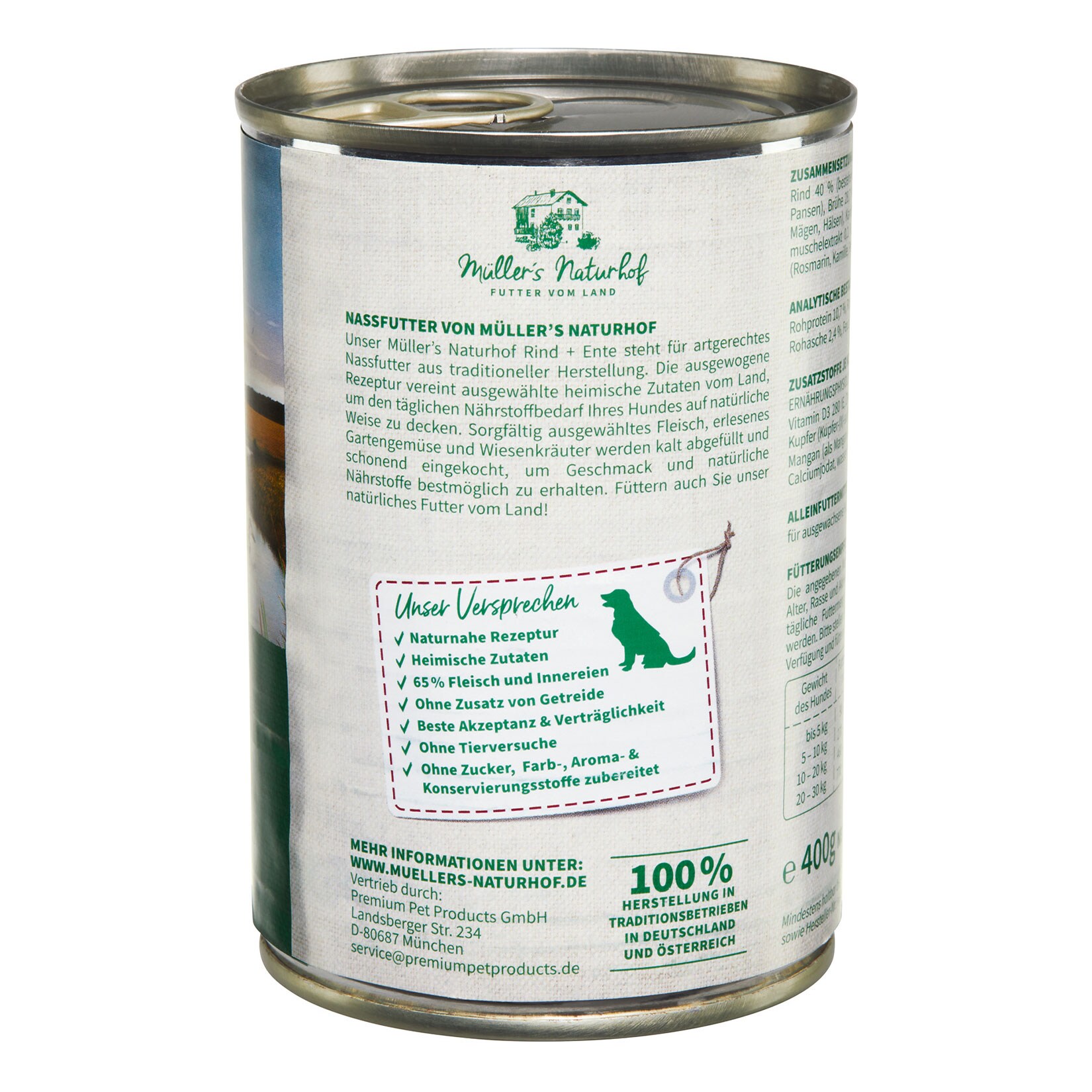 Müllers Naturhof Hundenahrung Rind & Ente 400 g, 6er Pack