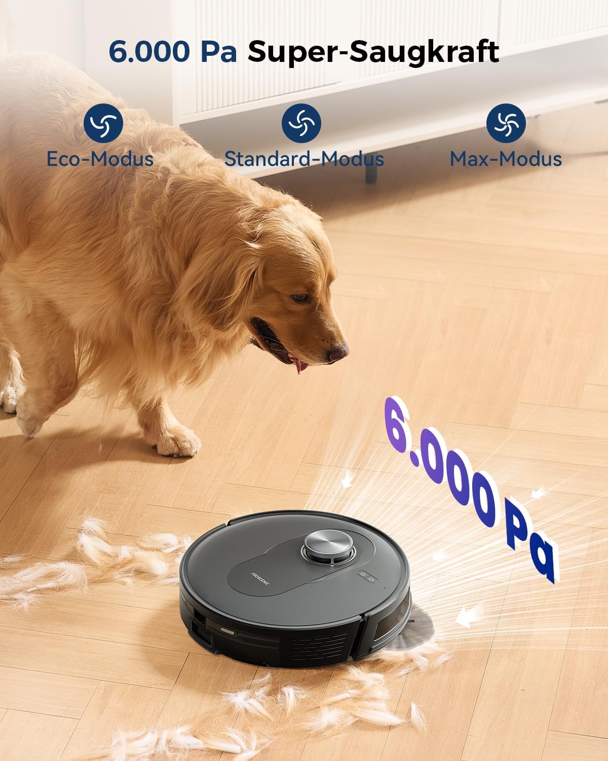 Proscenic Q8 Max Saugroboter mit Wischfunktion, 6000Pa 200min Staubsauger Roboter mit Absaugstation 3L Staubbeutel, Intelligentes Laser Navigation mit 5 Karten, Steuerung über APP Alexa Google Siri