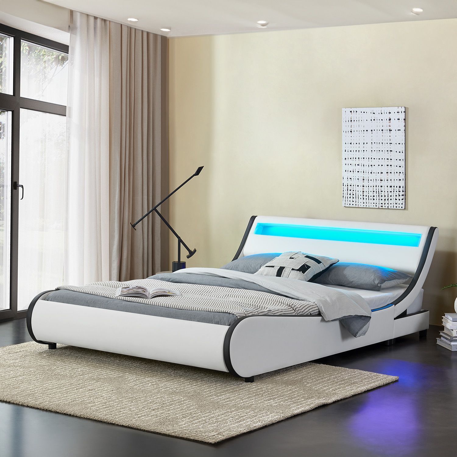 Juskys Polsterbett Bett Valencia 180 x 200 cm weiß mit Kaltschaummatratze Doppelbett mit LED