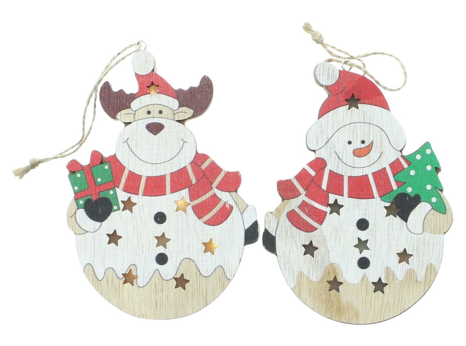 FRANK FLECHTWAREN | LED Hanger Sneeuwpop & Eland, Set van 2, 10 x 2 x 14 cm, HOUT, JUTE