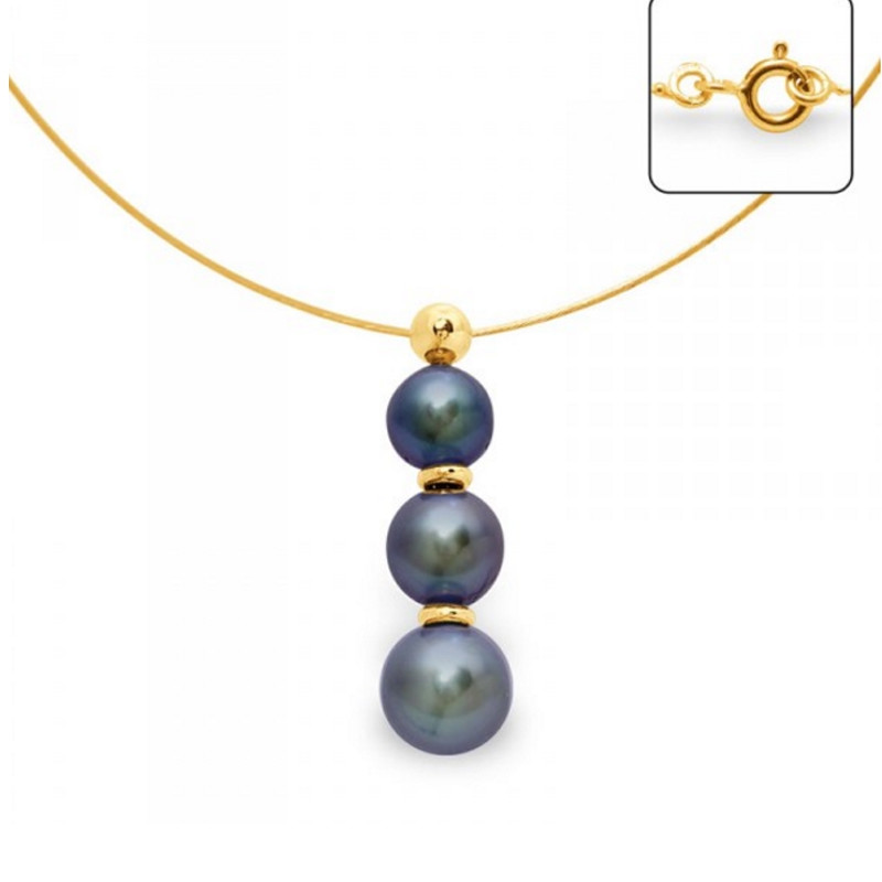 Collier Cable en Or Jaune 750/1000 et 3 Perles d'eau douce Noires