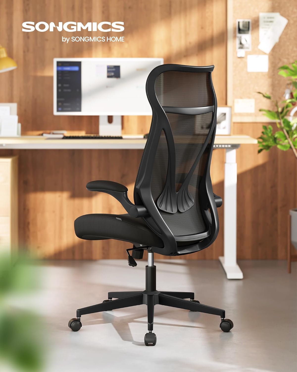 SONGMICS Bürostuhl, Schreibtischstuhl, ergonomische Rückenlehne, höhenverstellbar, hochklappbare Armlehnen, Drehstuhl mit Kopfstütze, bis 150 kg belastbar, tintenschwarz OBN088B01 JI4560770