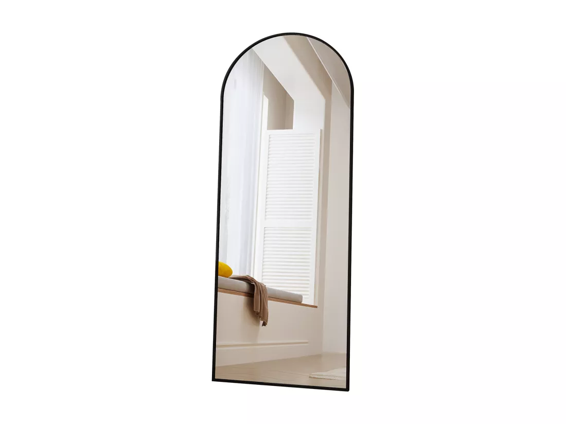 Miroir pleine longueur 165 x 60 cm, sur pied, suspendu ou appuyé, grand miroir de sol avec cadre en alliage d'aluminium noir pour salon ou chambre à coucher, Arc