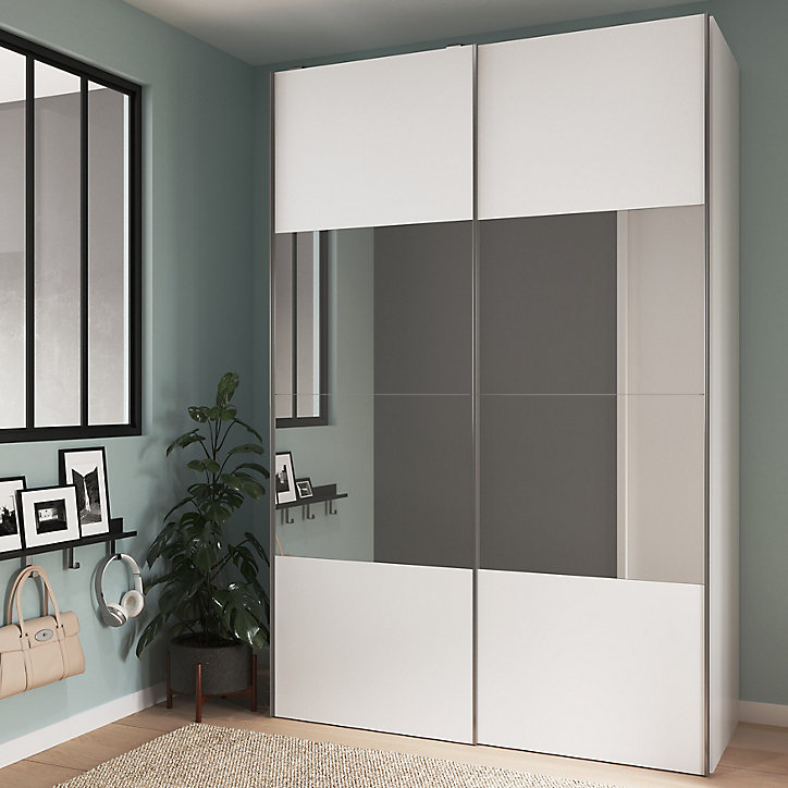 Armoire penderie portes coulissantes blanches et miroir GoodHome Atomia H. 225 x L. 150 x P. 65,5 cm