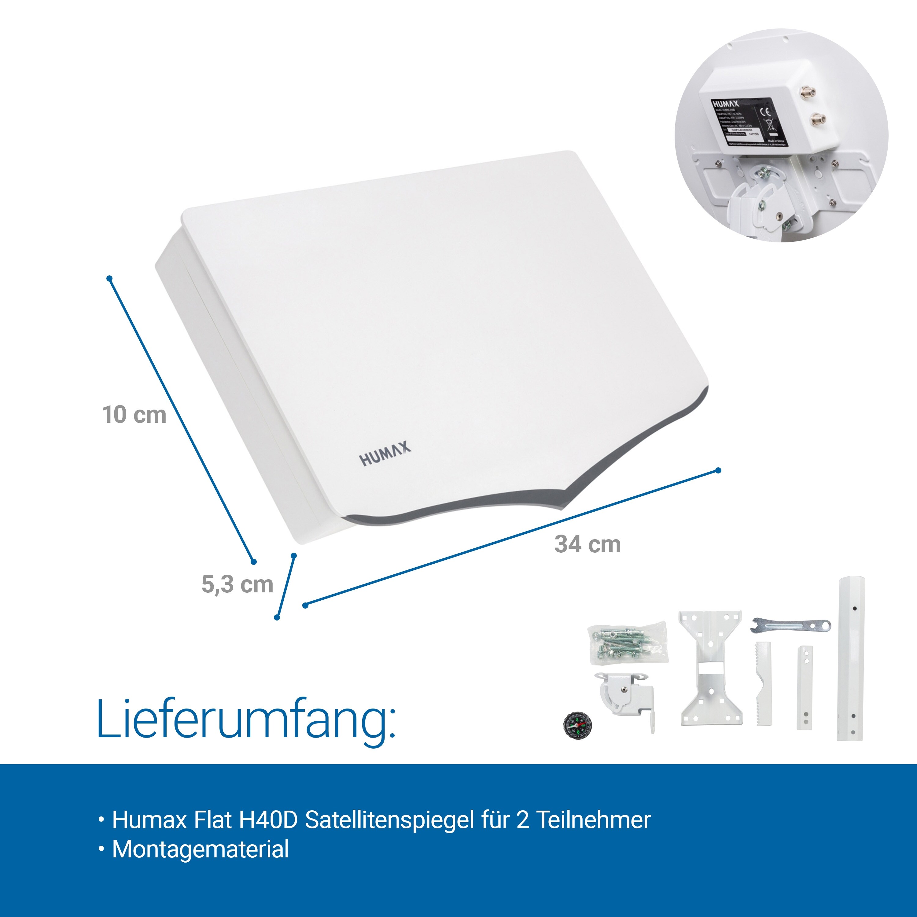 Humax mobile Flachantenne H40D, 2 Teilnehmer Twin LNB, Montagematerial