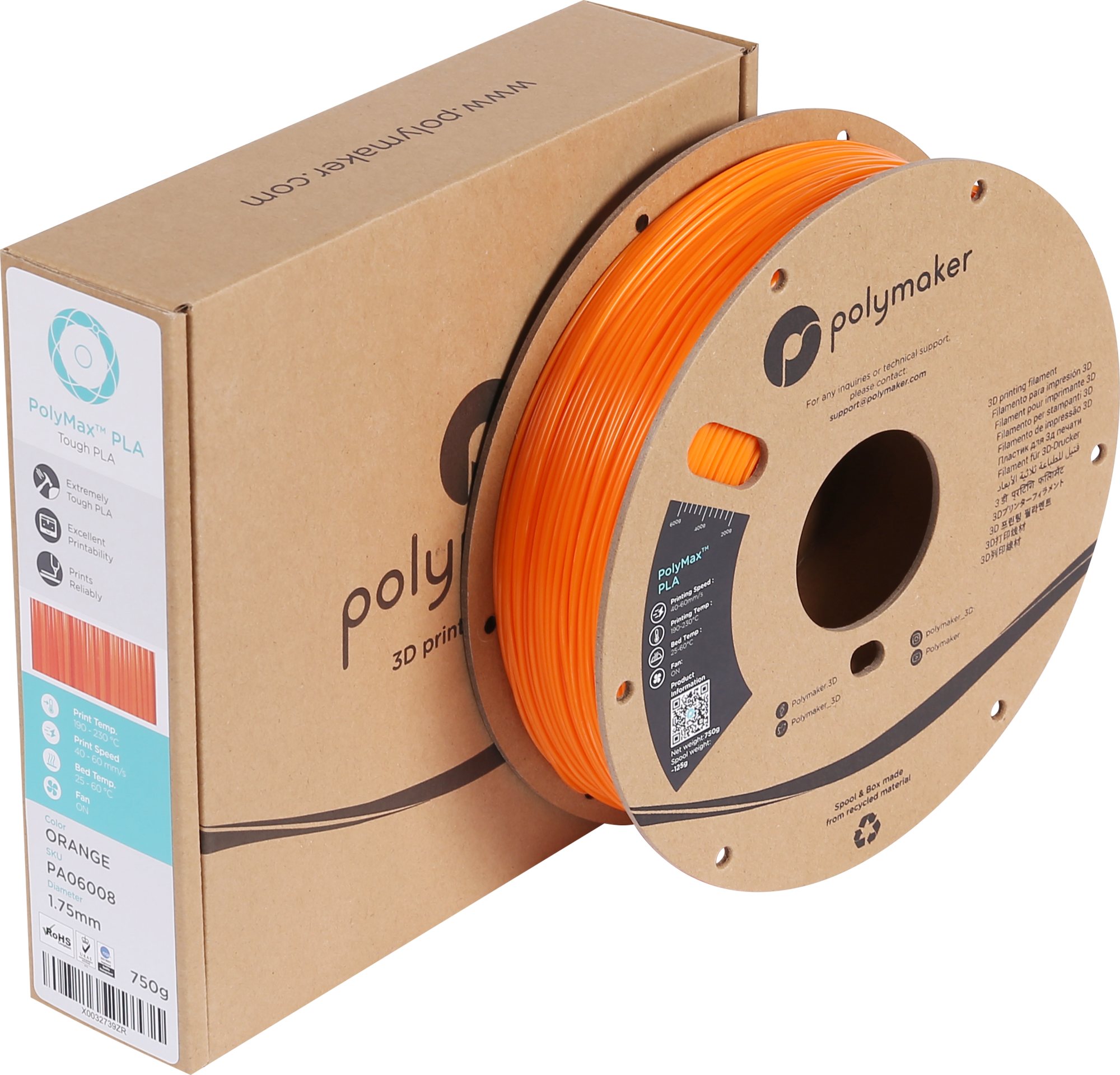 Polymaker  PolyMax PLA Orange, 1,75 mm (750 g)    Das orange Filament mit 9-fach höherer Belastbarkeit als herkömmliches PLA