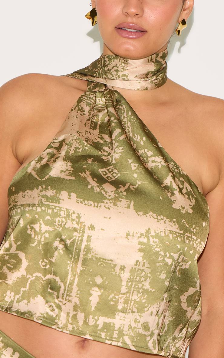 Kaki Ensemble Crop Top Grande Taille À Détail Foulard Imprimé En Satin