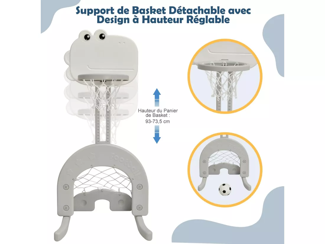 Ensemble Toboggan Balançoire 6 en 1 HDPE Basket-ball Football Escalade Golf pour Enfants 18 Mois+Gris+Blanc