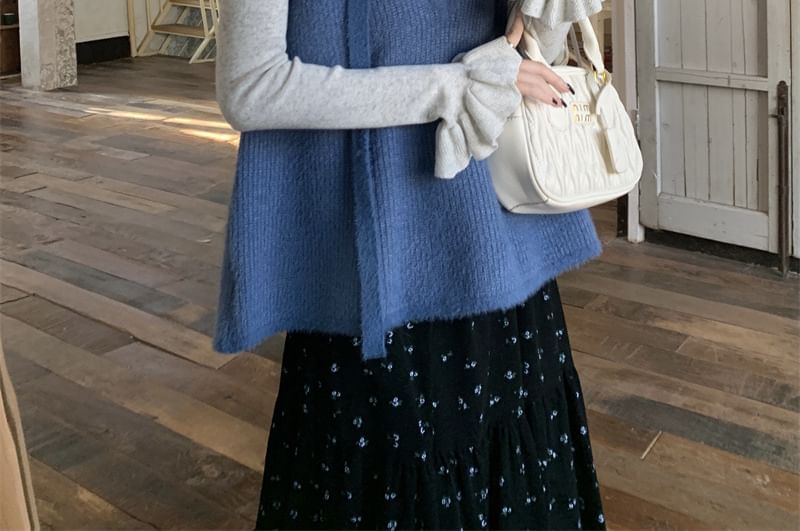 Trendycas - Top met lange mouwen en mockneck, gemêleerde ruches, gebreide top met V-hals en bloemenaccent, vest met elastische taille en bloemenprint in A-lijn