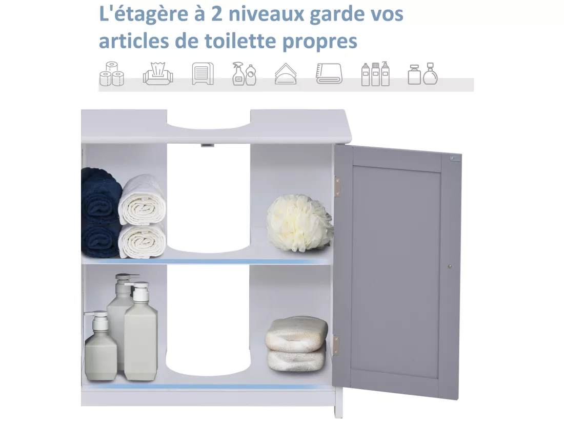 Meuble salle de bain - meuble sous-vasque - placard 2 portes avec étagère - dim. 60L x 30l x 60H cm - MDF gris blanc