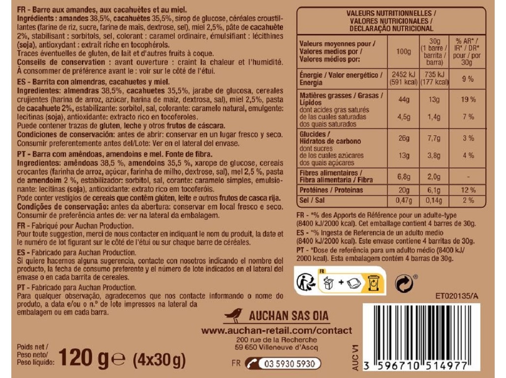 BARRAS CEREAIS AUCHAN AMÊNDOAS E MEL 4 UN 120G