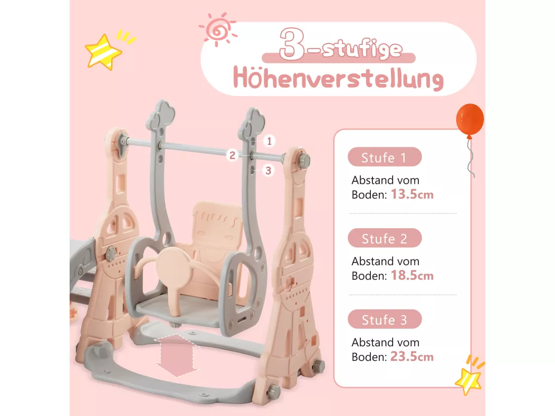 Toboggan 4 en 1 pour enfants - 140 x 118 x 102cm - en HDPE - avec balançoire et support de basket-ball - Rose