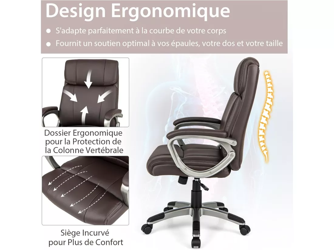 Fauteuil de Bureau Ergonomique, Chaise de Bureau en Cuir PU, à Bascule, Hauteur Réglable, Fauteuil de Gamer, Chaise de Travail Pivotant, Charge Maximale 160 kg, Marron
