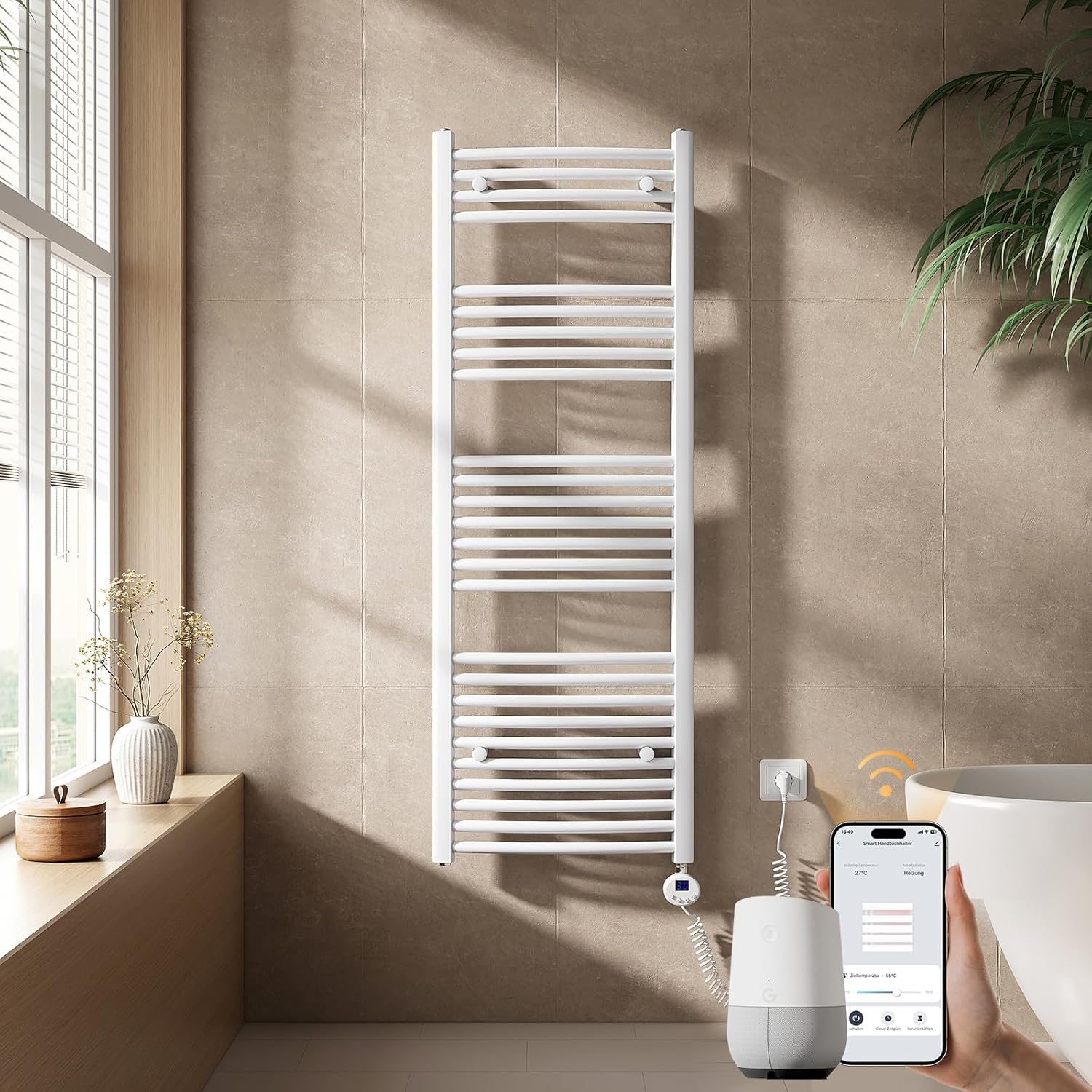 EMKE Handtuchheizkörper Elektrisch mit Thermostat 1400 x 500 mm, WiFi Intelligenter Gebogen Badheizkörper Elektrischer Handtuchwärmer Handtuchhalter mit Heizstab Weiß 600 Watt