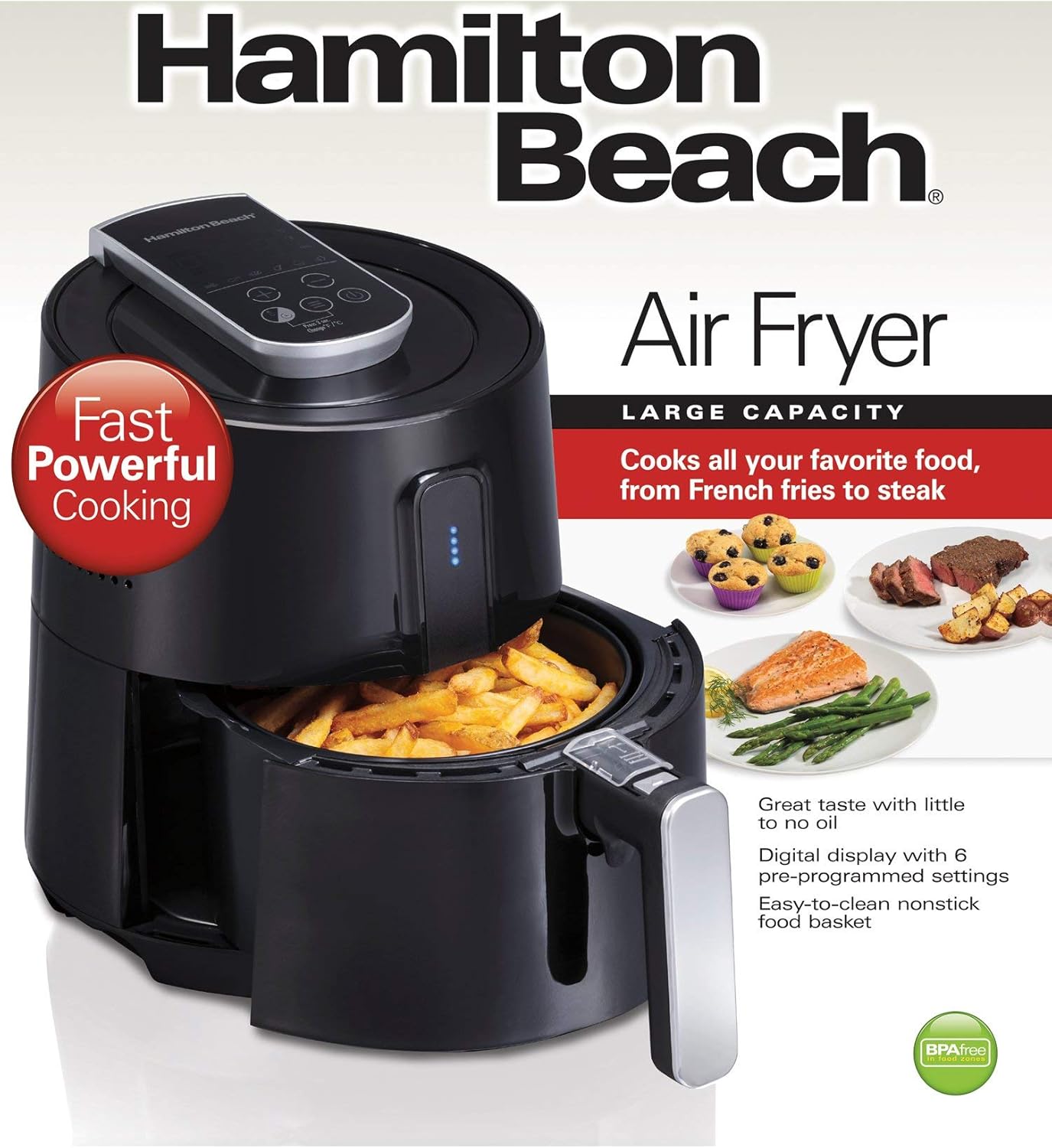 Hamilton Beach Friteuse numérique à air comprimé avec 6 préréglages, facile à nettoyer, panier antiadhésif, noir (35050)