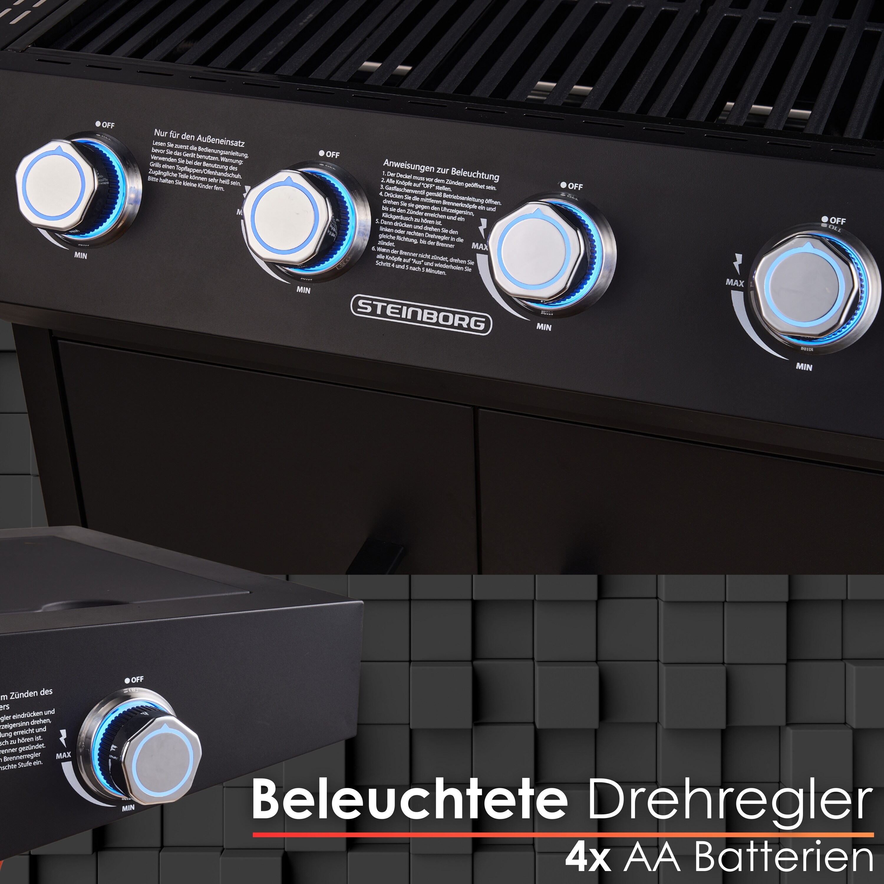 Steinborg Gasgrill 4 Brenner mit Seitenbrenner Beleuchtete Drehknöpfe
