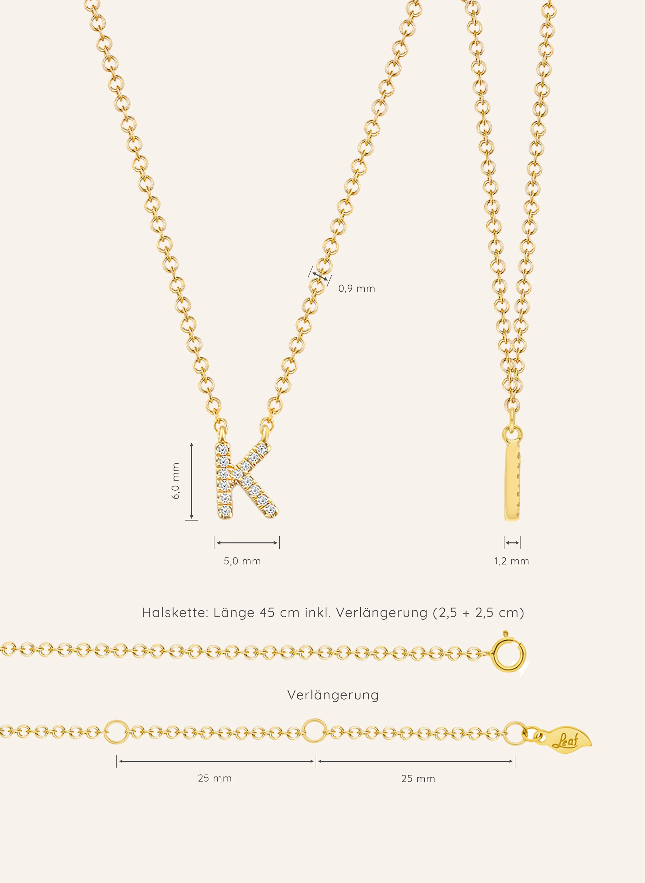 Leaf INITIALIEN Halskette „K“ aus 14 Karat Gelbgold mit Diamanten