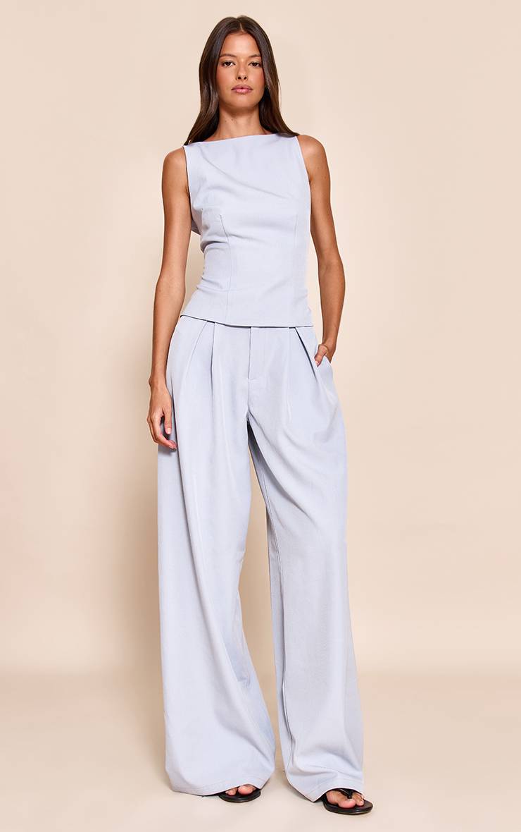 Bleu Pâle Pantalon Large Tailleur En Tissu Tissé