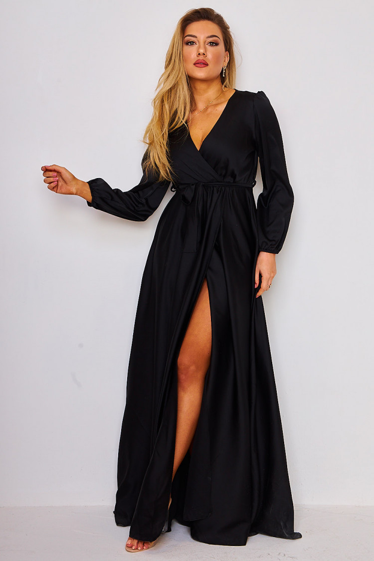 Robe maxi fendue noir en satin à attacher