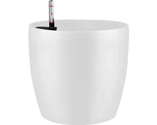 Lafiora plantenbak, kunststof, Ø 35 cm, H 32 cm, glanzend wit, inclusief zelfbewateringssysteem en waterstandindicator.