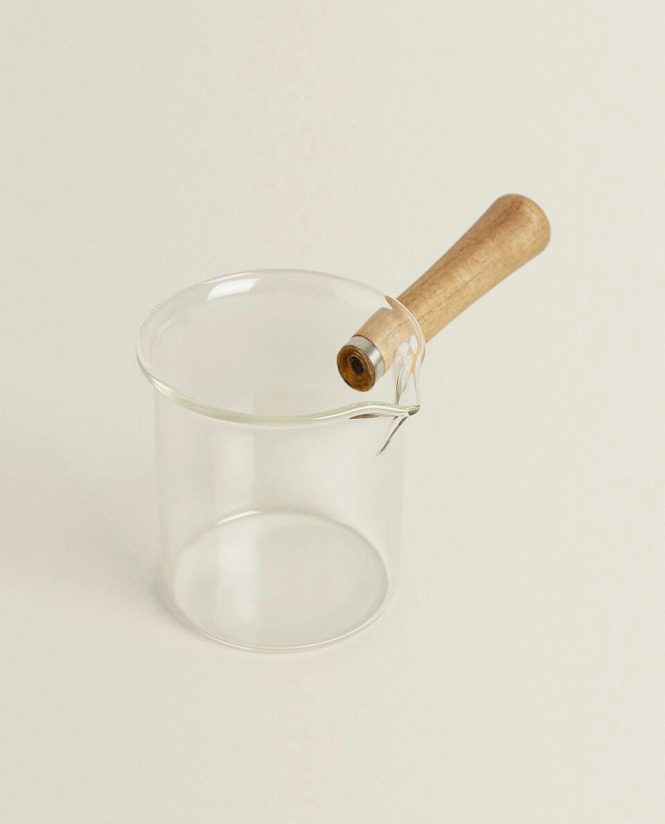 JARRA DE LEITE DE VIDRO BOROSILICADO E MADEIRA