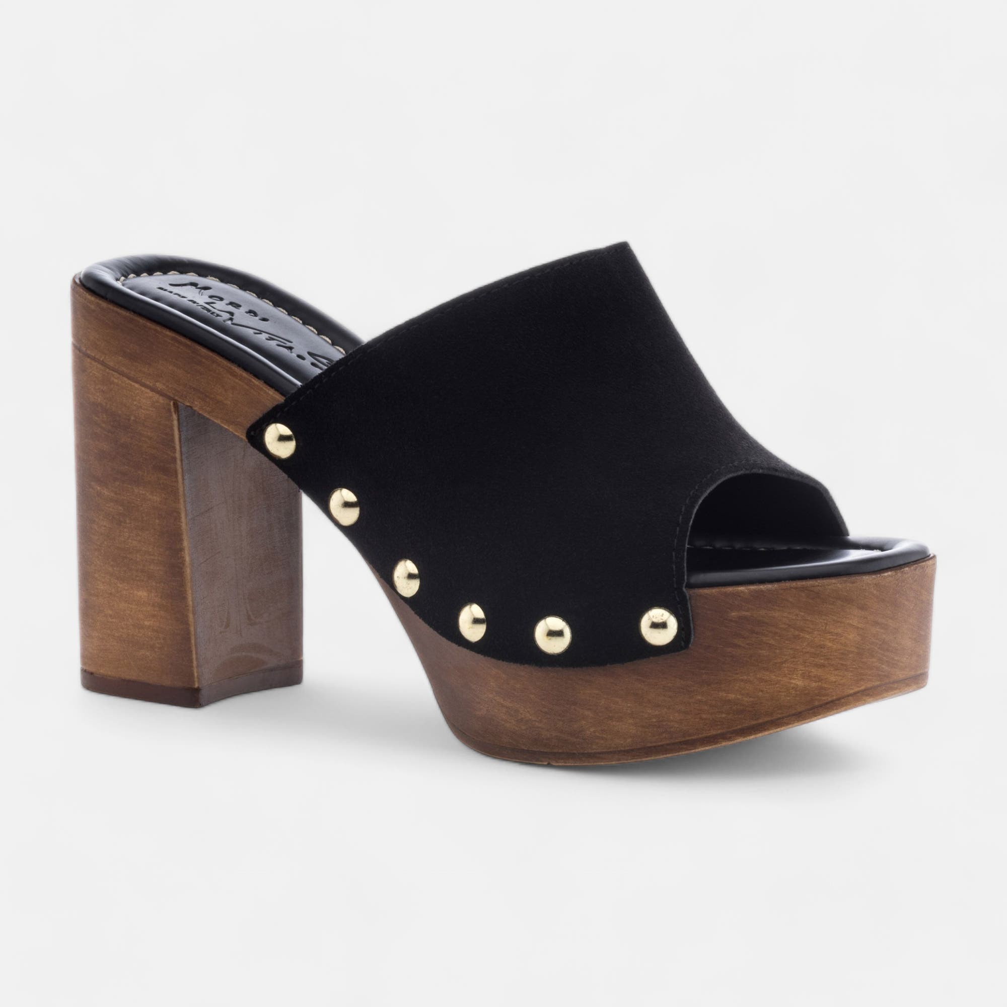 Chaussures semelle bois à talon Femme en cuir noir