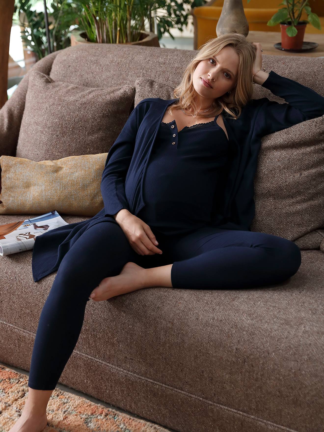 Conjunto de roupa íntima de 3 peças para gestantes e lactantes, azul escuro liso