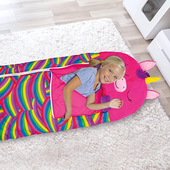 (170x70cm) 2in1 Kinder Camping Schlafsack Kuscheltier Decke mit Plüschtier Kissen - Pinkes Einhorn