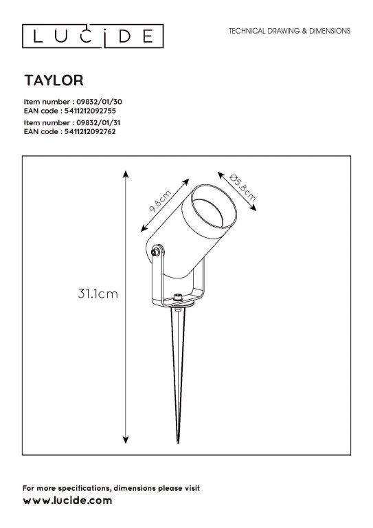 Lucide Taylor spot met grondvoet buiten IP65 Ø10 zwart