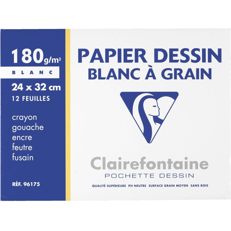 Pochette 12 feuilles papier dessin blanc A4+ Clairefontaine C à grain 180g