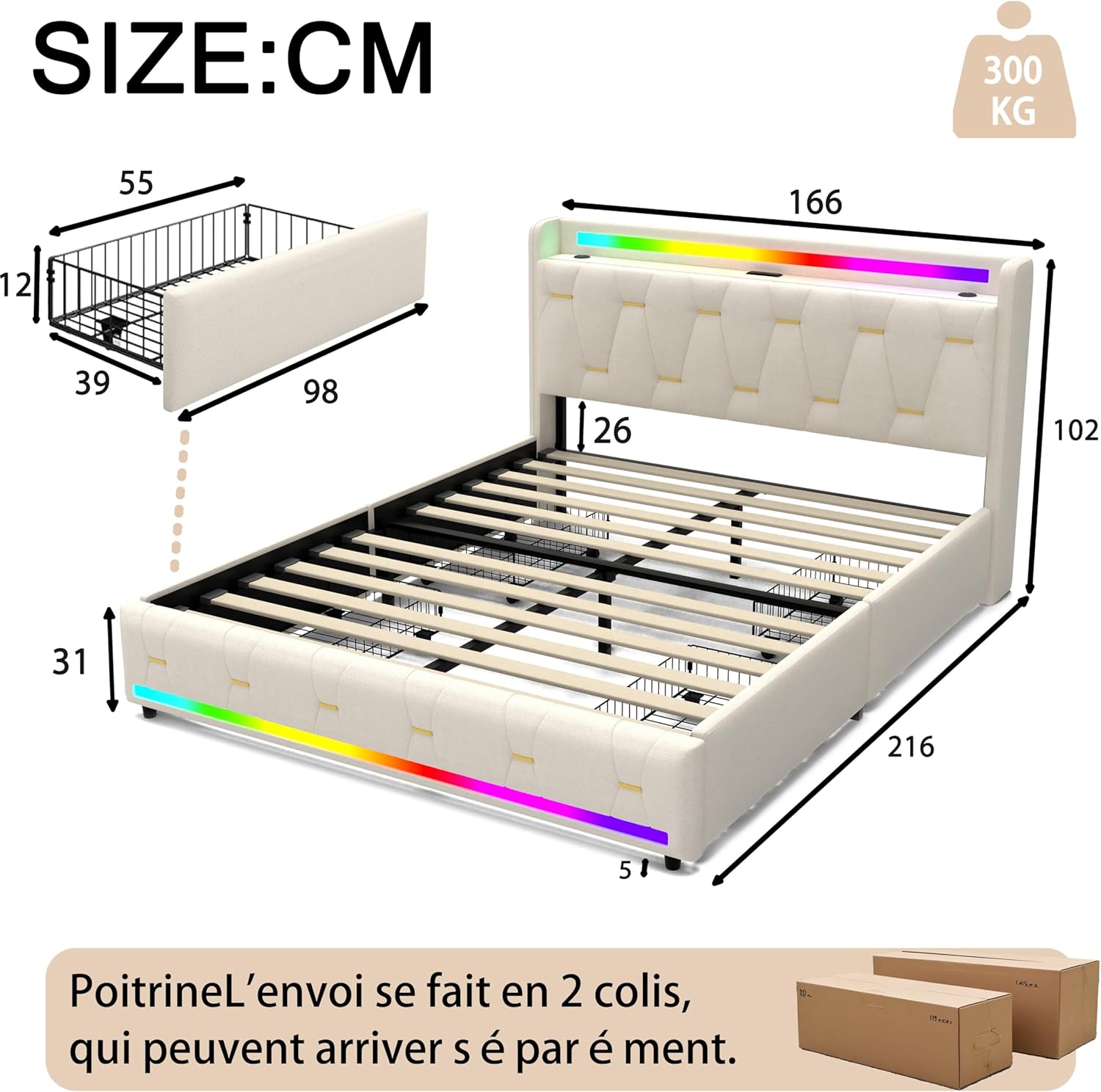 Bett 160x200cm, Samt Polsterbett mit Stauraum, Bluetooth-Lautsprecher, LED-Beleuchtung & USB/Type-C-Anschlüssen, Plattformbettgestell mit 4 Schubladen und Holzlatten, Beige