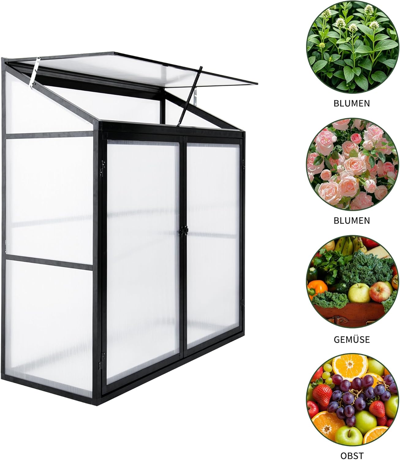Anlehngewächshaus Tomaten Gewächshaus 130x55x140cm Aluminium Beistell-Gewächshaus, Treibhaus Gartenhaus Frühbeet mit Rückwand, Gewächshaus Winterfest Klein, Minigewächshaus, Schwarz