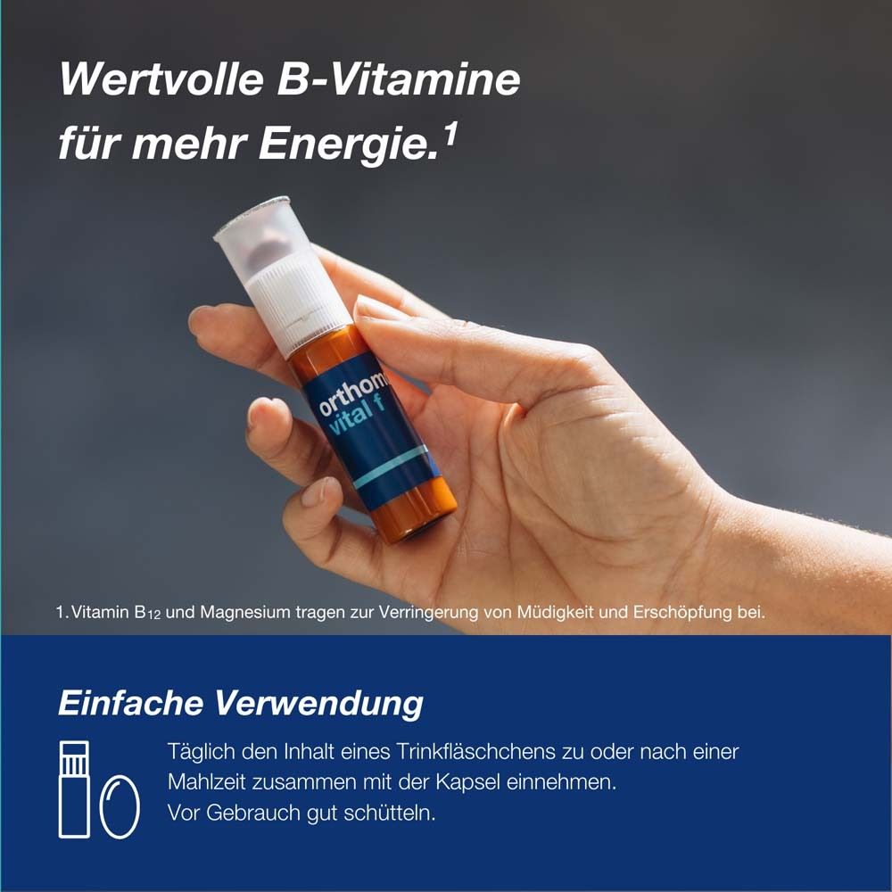 Orthomol Vital f - Mikronährstoffe für Frauen - bei Müdigkeit und Erschöpfung - mit B-Vitaminen, Omega-3 und Magnesium - Trinkampullen/Kaps.