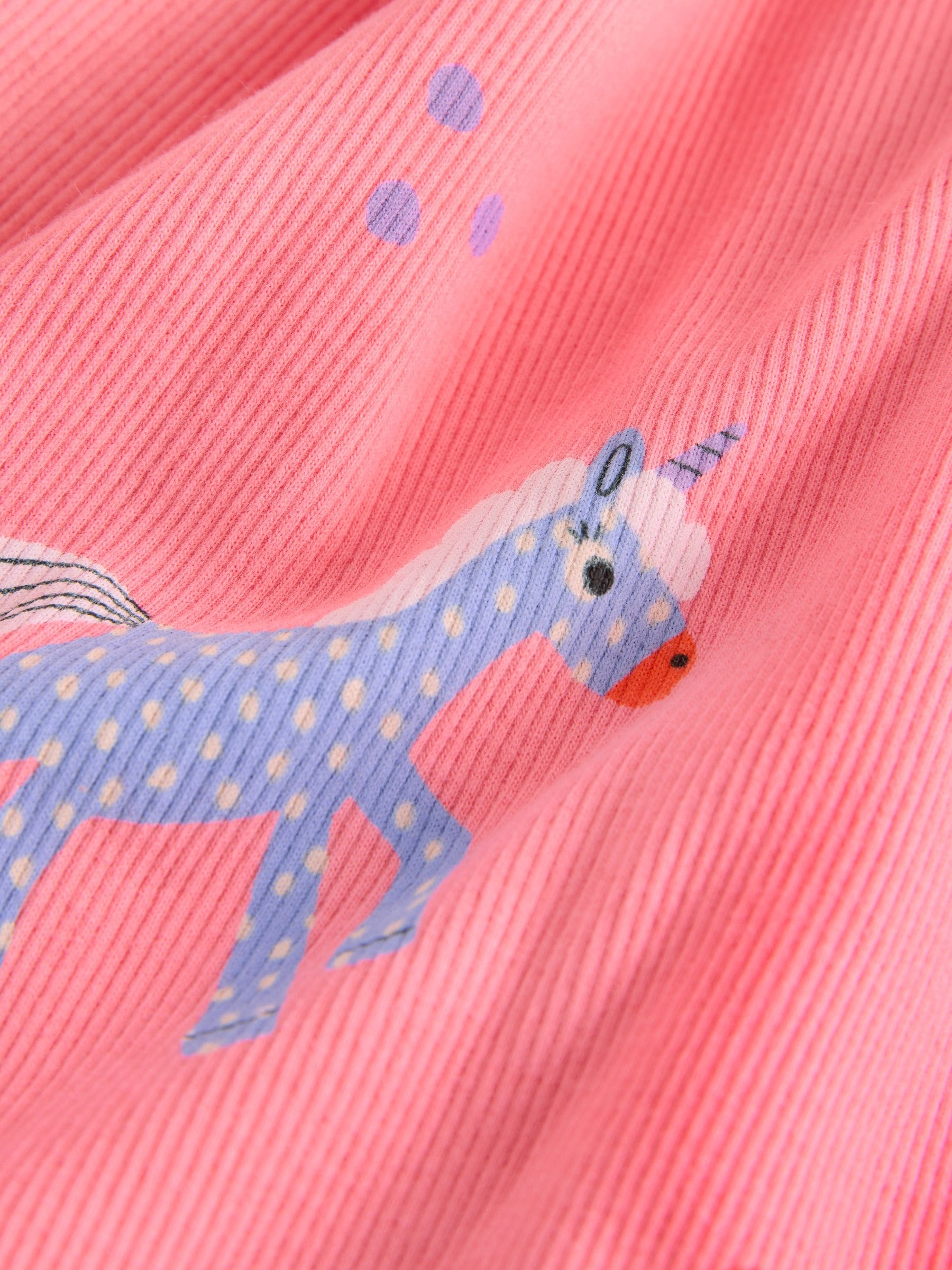 Roze met eenhoornprint - Geribbelde jurk met lange mouwen (3mnd-7jr)