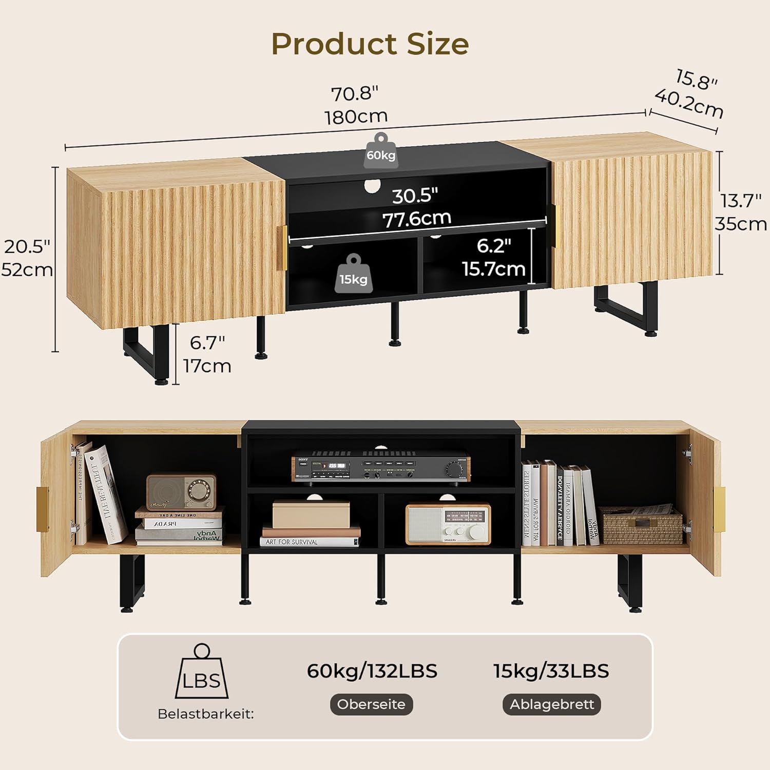 IRONCK TV Schrank 180cm Lowboard für Fernseher bis zu 65/75/80 Zoll, Fernsehtisch mit 2 Türen 3 offenen Fächern, Fernsehschrank Holz, Modern TV Board für Wohnzimmer, Schlafzimmer (Schwarz/Eiche)